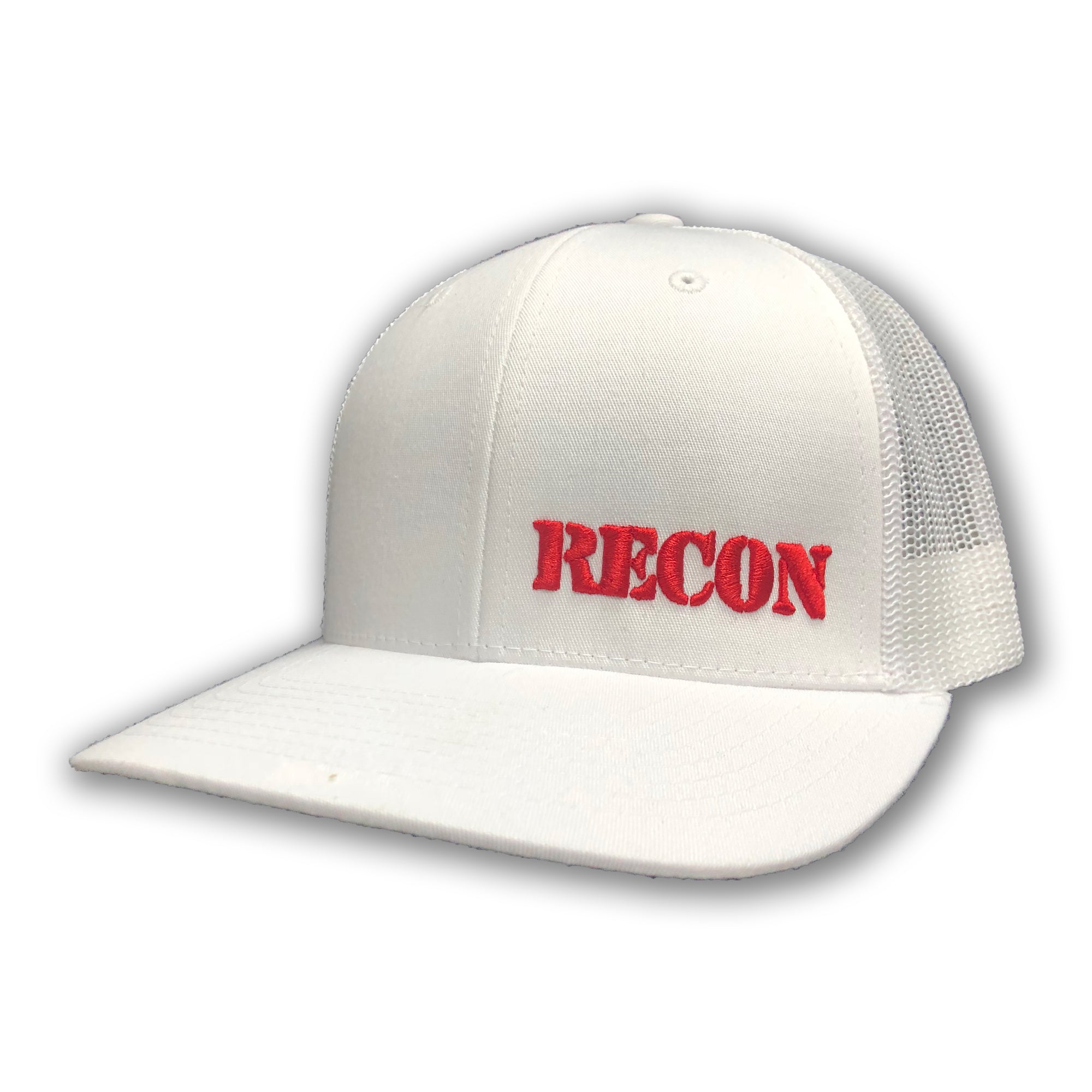 Red RECON Logo on White Trucker Hat